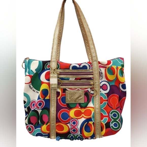 COACH Graffiti Tote Bag Poppy Signature Glam Handbag Style 13839 Multi Color Y2K - Picture 2 of 9